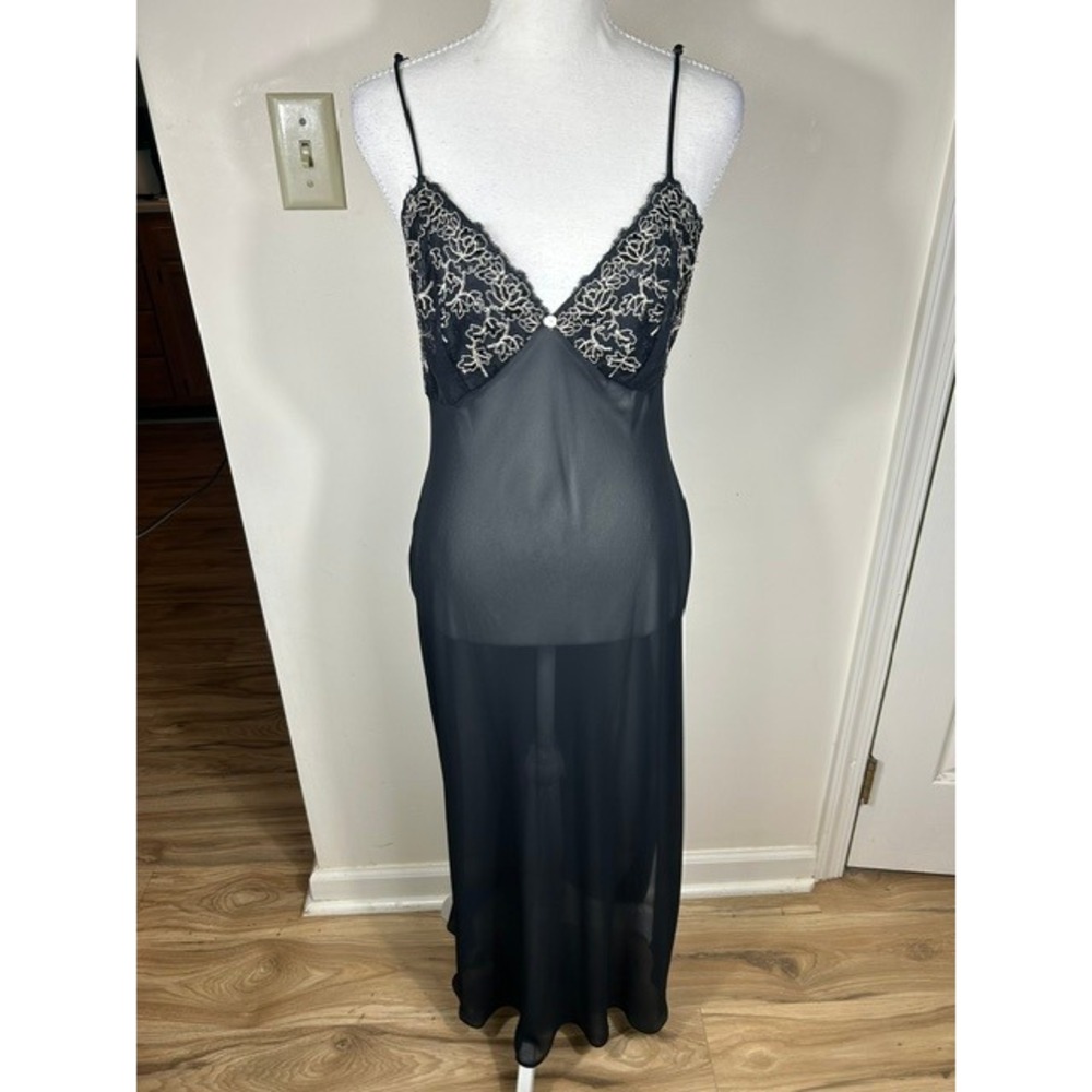 VTG 90s California Dynasty Nightgown Women M Black Floral Embroidered Sheer Maxi